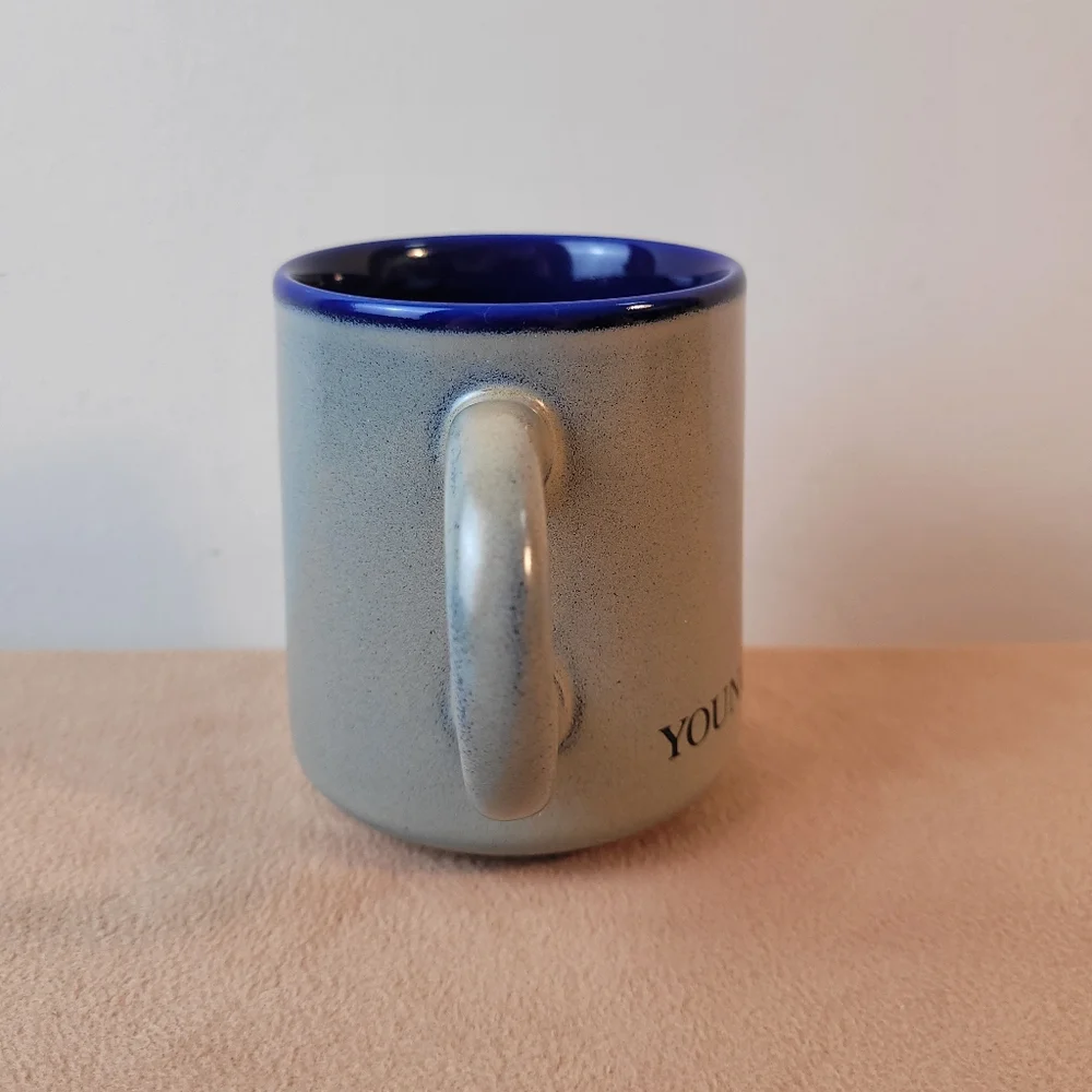 Young Living Mug Stoneware Coffee Cup Gray Blue. Speckled Ceramic. Round Handle.